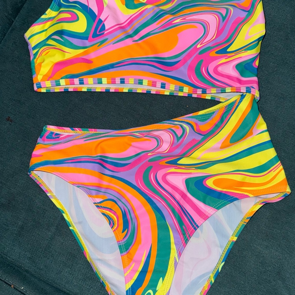 Neon Swirl One Shoulder Monokini Cut Out Swimsuit Women size Medium Pink Yellow